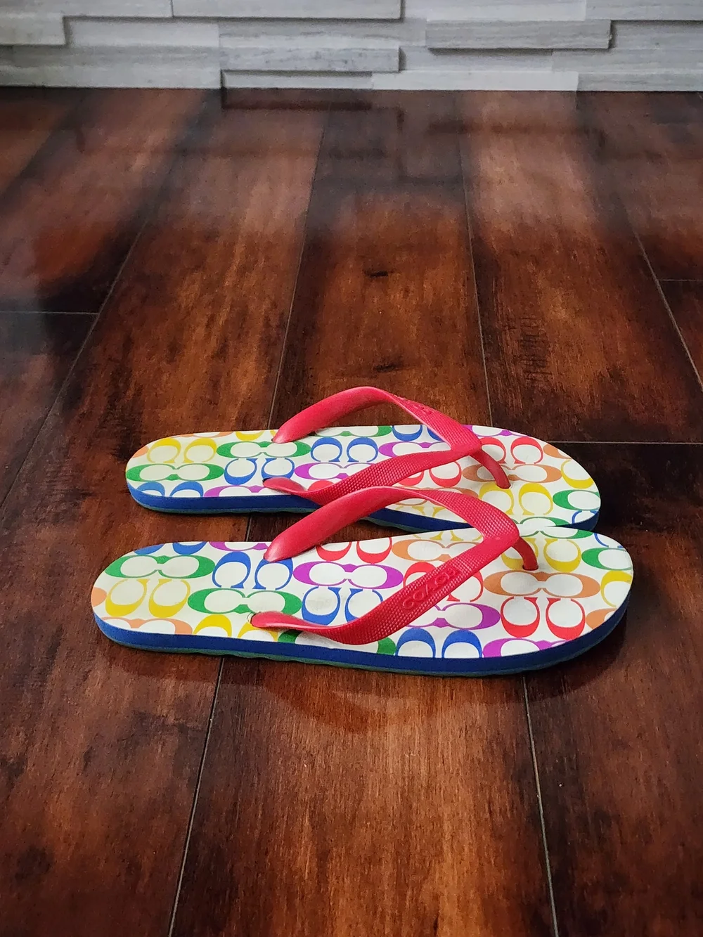 Coach Rainbow Logo Flip Flops with Pink Straps